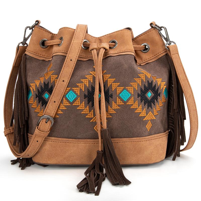 Montana West [MegaLive] Embroidered Fringe Bucket Bag