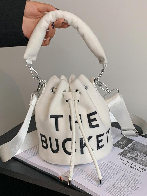 Fashionable Letter Embroidering Design Drawstring Bucket Bag, Casual Versatile Crossbody Bag with Adjustable Strap, Trendy All-match Designer Bag for Women