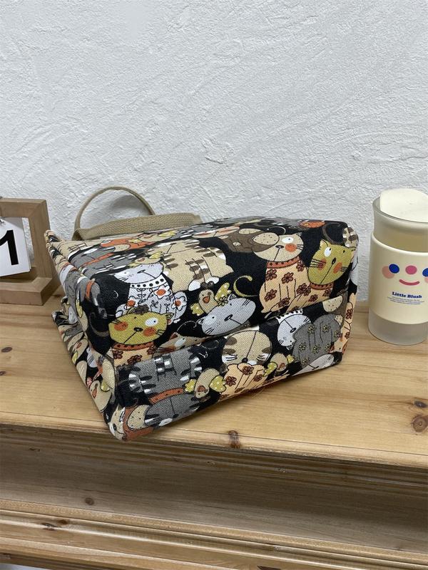 Cartoon Cat Pattern Lunch Bag, Canvas Handbag, Portable Insulated Lunch Bag, Lunch Box Bag for Work, School, Travel, Picnic