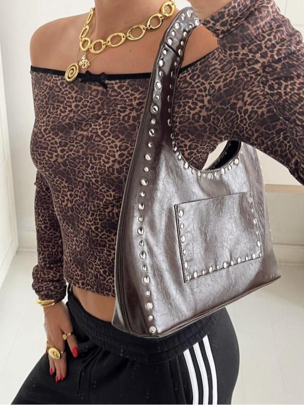 Women's Punk Style Rivet Decorated Shoulder Bag, Fashionable Solid Color Underarm Bag for Daily Used, Casual Trendy Versatile High-quality Daily Commuting Bag