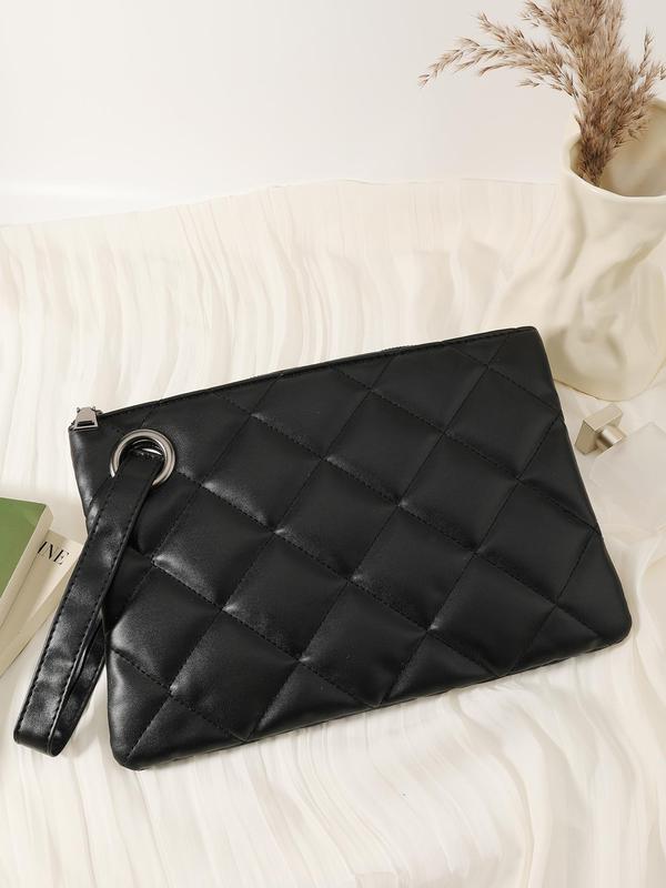 Women's Fashionable Solid Color Quilted Clutch Bag, Trendy Square Handbag with Wristlet, Women's Coin Purse, Phone Bag, Makeup Bag