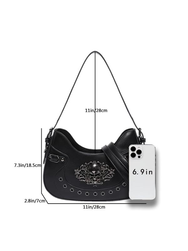 Women's Punk Style Skull Head Decor Grommet Eyelet Design Hobo Bag, Street Trendy Shoulder Bag, Y2k Style Crossbody Bag for Daily Use