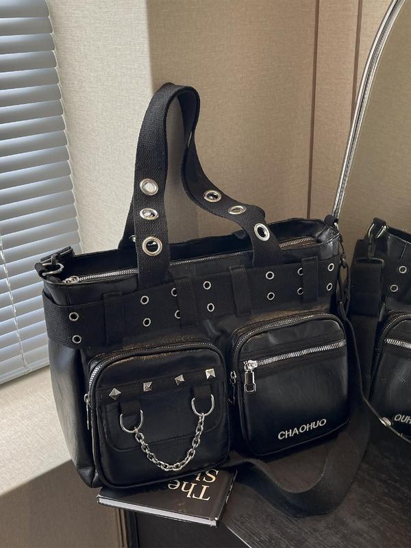 Punk Style Studded & Chain Decor Tote Bag, Work Bag, Tote Bag for Women, Fashionable Work Bag, Large Capacity Shoulder Bag, Stylish Adjustable Strap Crossbody Bag for Women for Daily Used