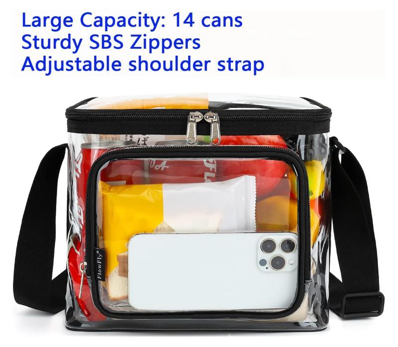 FlowFly Clear Lunch Bag Adult Large Heavy Duty Transparent Stadium Approved Lunch Box for Women and Men with Adjustable Shoulder Strap, Front Zipper Pocket, Clear