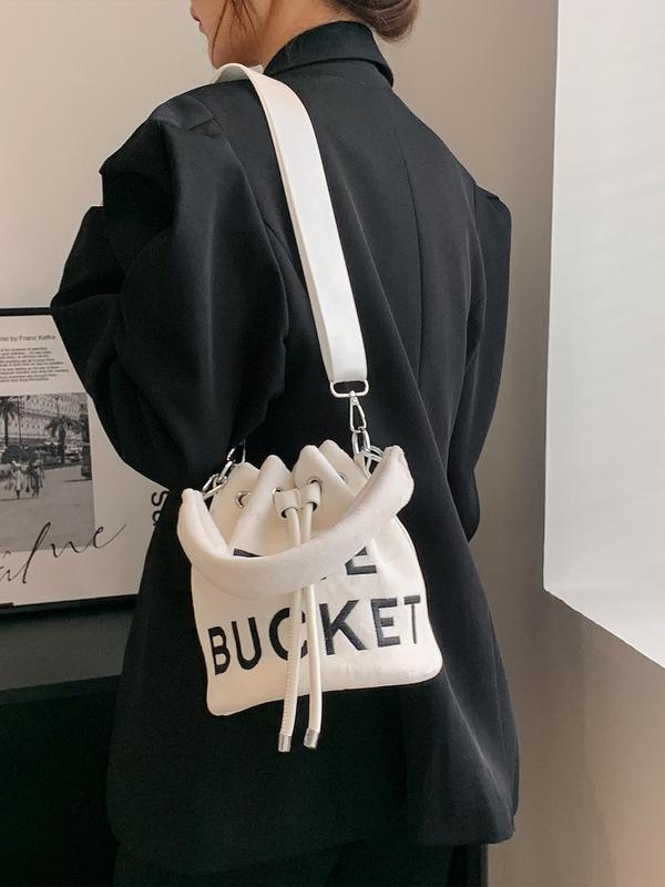 Fashionable Letter Embroidering Design Drawstring Bucket Bag, Casual Versatile Crossbody Bag with Adjustable Strap, Trendy All-match Designer Bag for Women