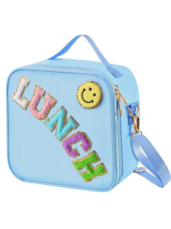 Letters & Cartoon Smile Face Embroidery Lunch Bag, Large Capacity Lunch Bag, Portable Insulated Waterproof Lunch Bag for Kids & Adults