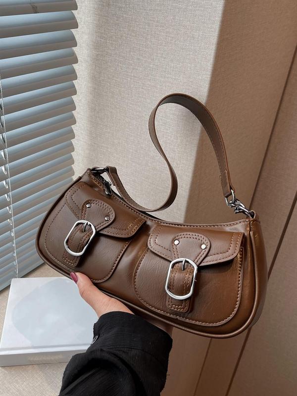 Women's Street Trend Belted Design Baguette Bag, Trendy Y2k Shoulder Clutch, Chic All-match PU Leather Shoulder Bag for Daily Use