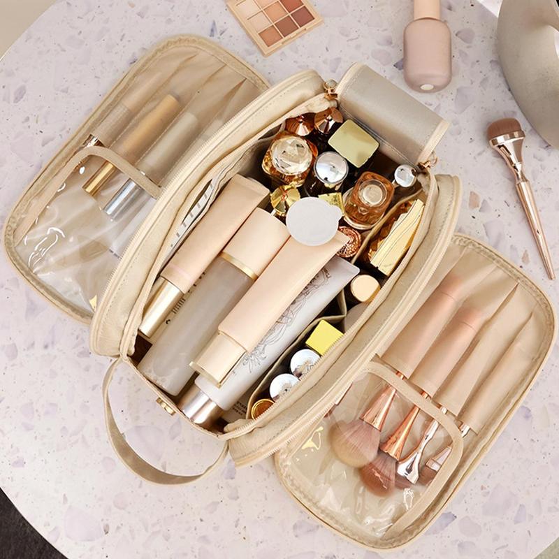 Large Capacity Makeup Bag, 1 Count Portable Cosmetic Storage Bag with Brush Holder, Waterproof Makeup Organizer Pouch for Home & Travel