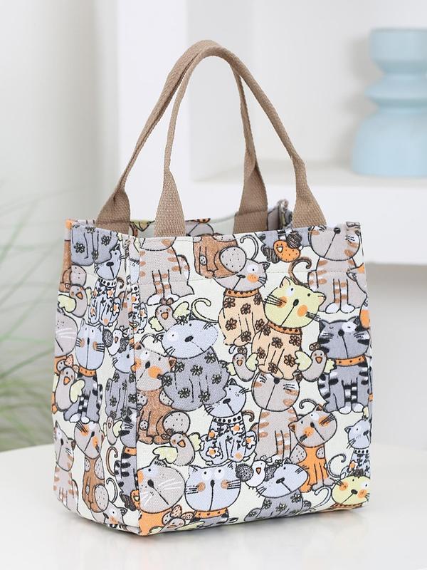 Cartoon Cat Pattern Lunch Bag, Canvas Handbag, Portable Insulated Lunch Bag, Lunch Box Bag for Work, School, Travel, Picnic