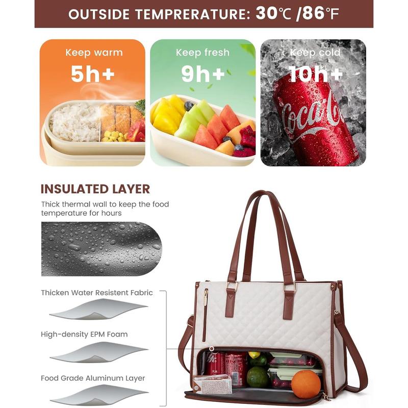 Lunch Tote Bag for Women, 15.6 Inch Laptop Bag with Insulated Lunch Compartment, Quilted Large Capacity Computer Handbag with Purse for Business, Work, Collage, Office, Casual, Beige-brown