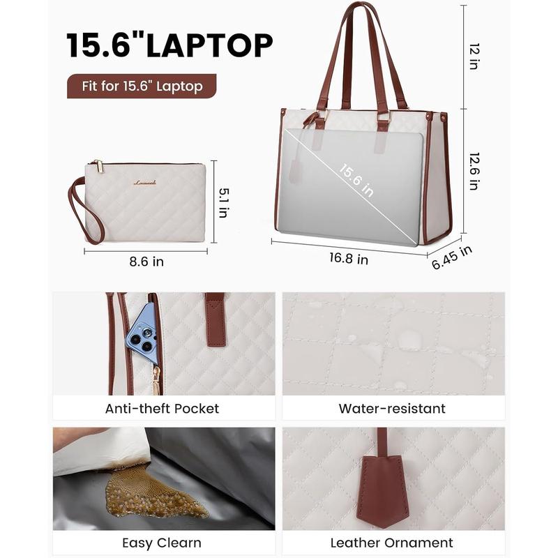 Lunch Tote Bag for Women, 15.6 Inch Laptop Bag with Insulated Lunch Compartment, Quilted Large Capacity Computer Handbag with Purse for Business, Work, Collage, Office, Casual, Beige-brown