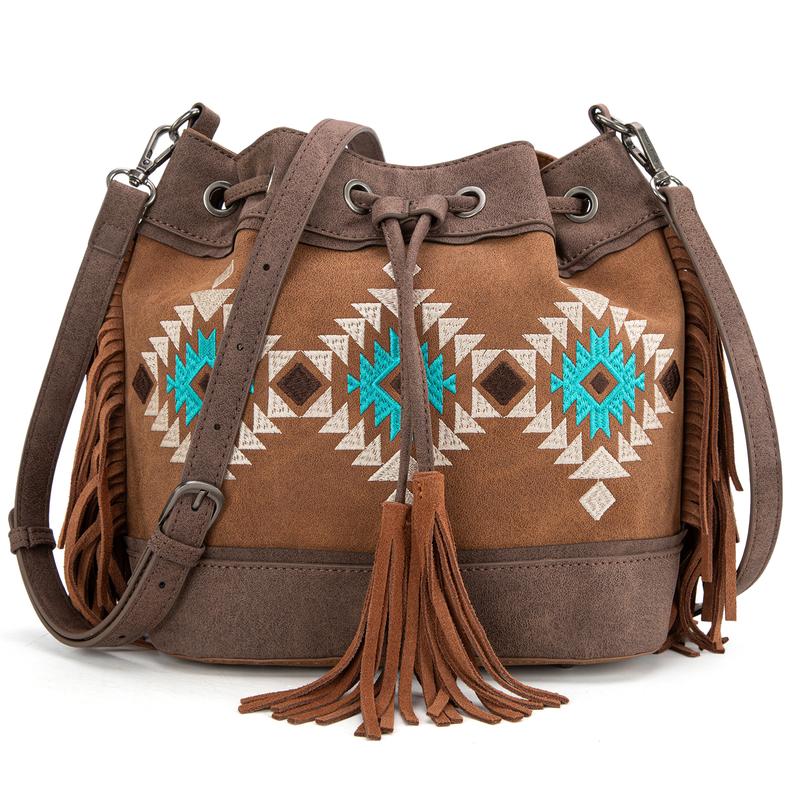 Montana West [MegaLive] Embroidered Fringe Bucket Bag