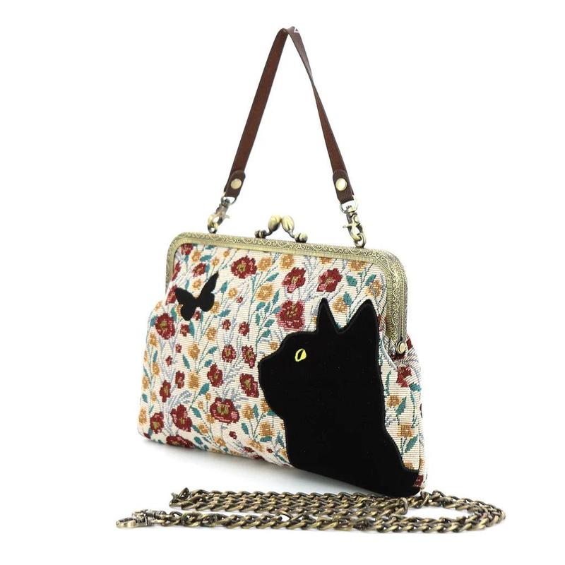 Black Kitty Embroidered Kisslock Bag