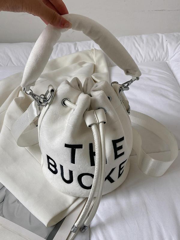 Fashionable Letter Embroidering Design Drawstring Bucket Bag, Casual Versatile Crossbody Bag with Adjustable Strap, Trendy All-match Designer Bag for Women