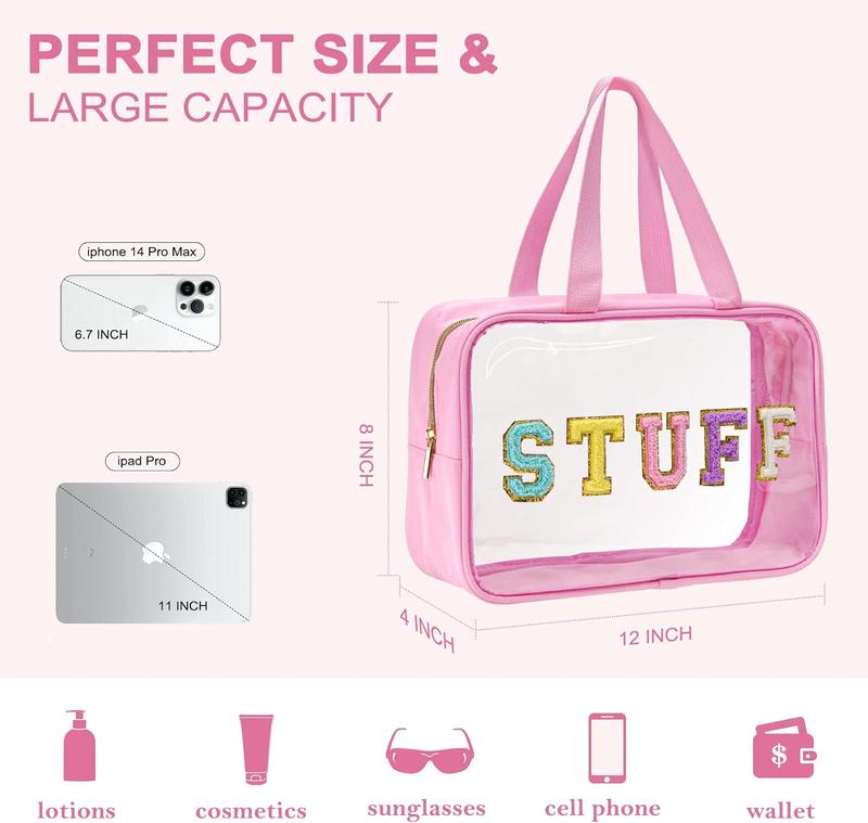 Clear Tote Bag Pink Preppy Large Makeup Bag Travel Toiletry Cosmetic Organizer Bag with Handle, Transparent Waterproof Beach Bag Snack Stadium Bags for Women Girls