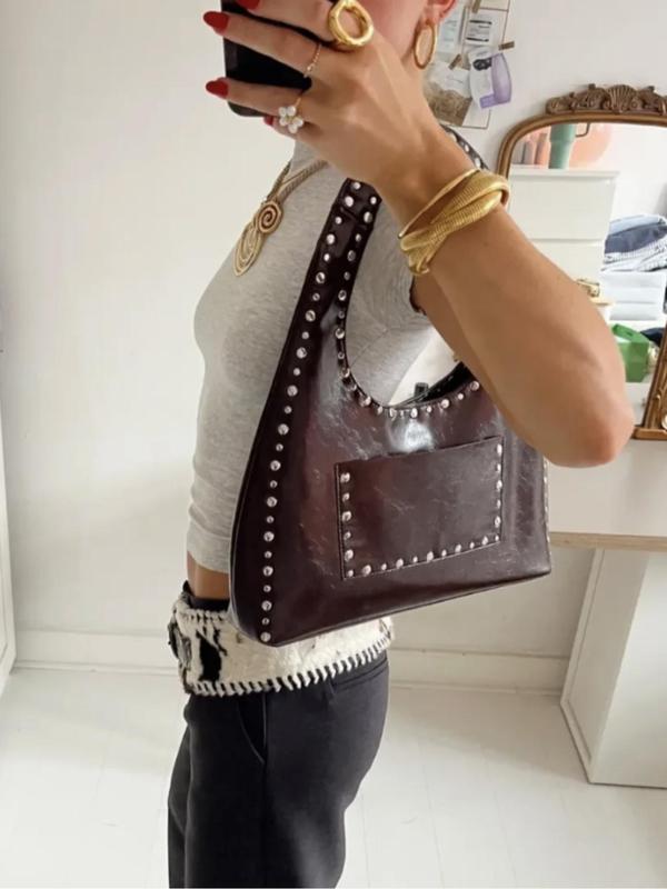 Women's Punk Style Rivet Decorated Shoulder Bag, Fashionable Solid Color Underarm Bag for Daily Used, Casual Trendy Versatile High-quality Daily Commuting Bag