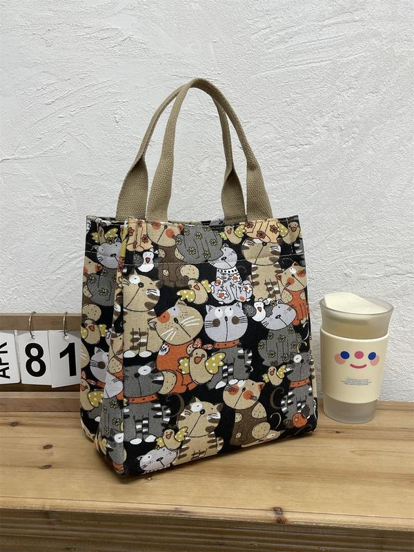 Cartoon Cat Pattern Lunch Bag, Canvas Handbag, Portable Insulated Lunch Bag, Lunch Box Bag for Work, School, Travel, Picnic