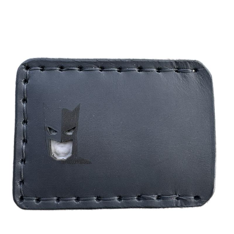 Handmade, hand sewn leather wallet card holder with face mask featuring Batguy