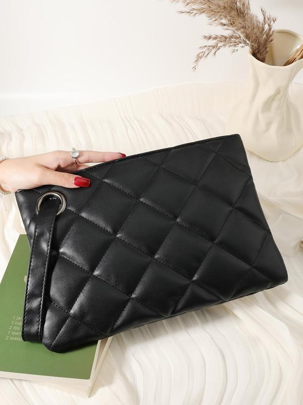 Women's Fashionable Solid Color Quilted Clutch Bag, Trendy Square Handbag with Wristlet, Women's Coin Purse, Phone Bag, Makeup Bag