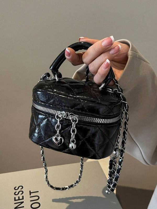 Women's Fashionable Solid Color Quilted Crossbody Bag, Elegant Mini Handbag with Heart Decor, Casual Trendy Versatile High-quality Daily Commuting Bag