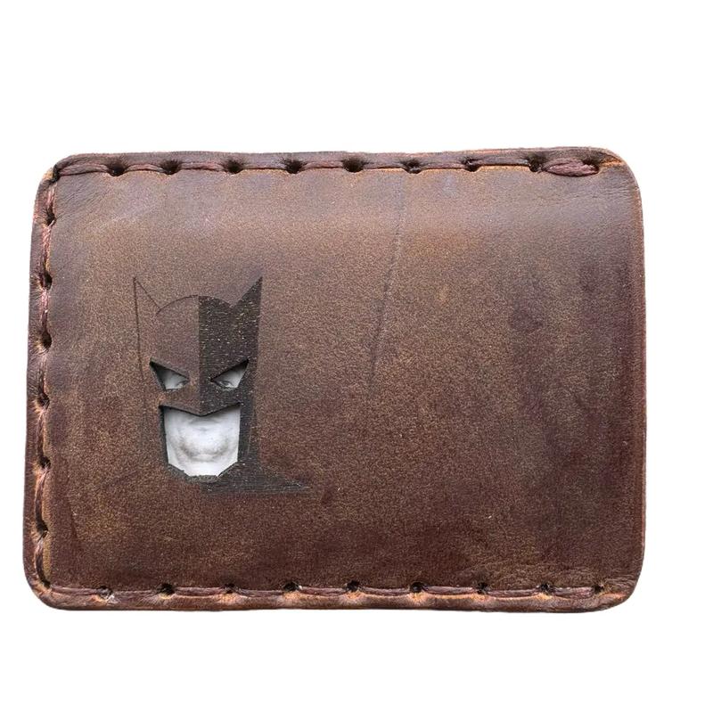 Handmade, hand sewn leather wallet card holder with face mask featuring Batguy