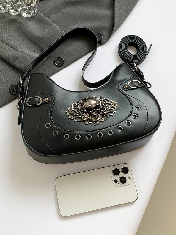 Women's Punk Style Skull Head Decor Grommet Eyelet Design Hobo Bag, Street Trendy Shoulder Bag, Y2k Style Crossbody Bag for Daily Use