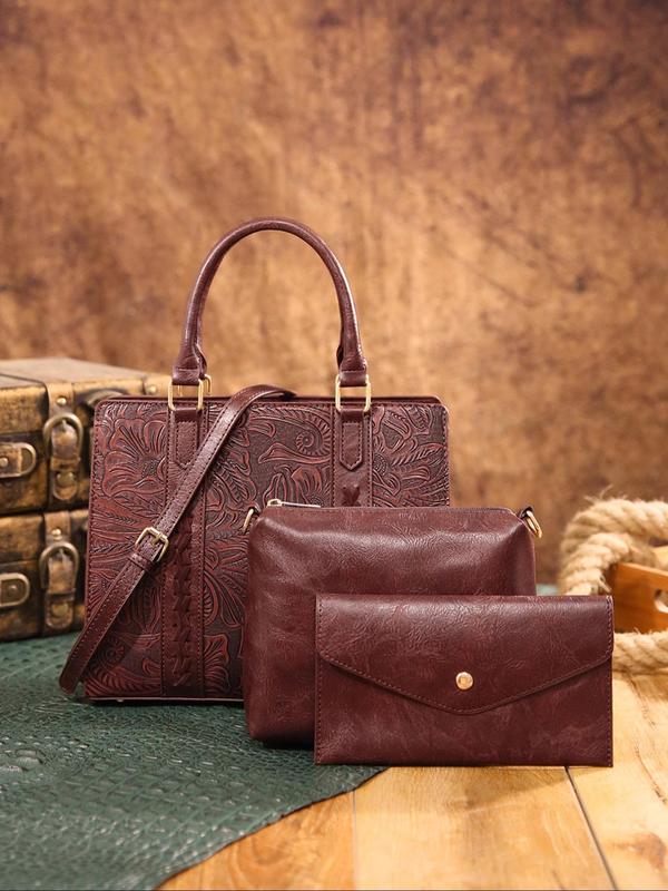 Women's Vintage Style PU Leather Bag Set, Girlfriend Gifts, Casual Plain Color Shoulder Tote Bag & Zipper Square Bag & Coin Purse, Versatile Trendy Work Bag Set for Daily Use