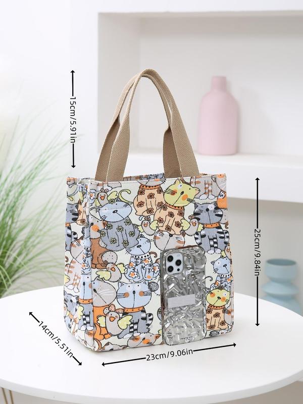 Cartoon Cat Pattern Lunch Bag, Canvas Handbag, Portable Insulated Lunch Bag, Lunch Box Bag for Work, School, Travel, Picnic