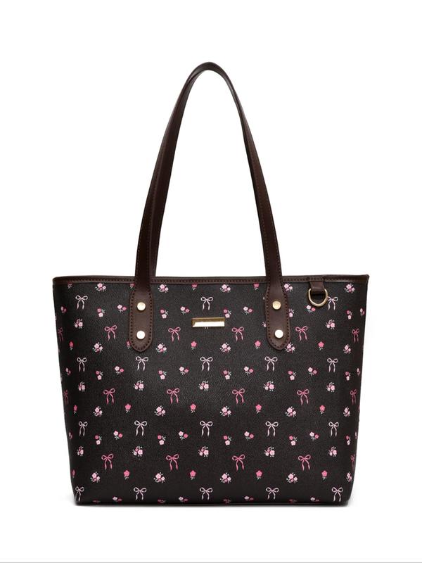 Women's Elegant Ditsy Floral Bow Pattern Tote Bag, Large Capacity Shoulder Bag for Daily Used, Casual Trendy Versatile High-quality Daily Commuting Bag