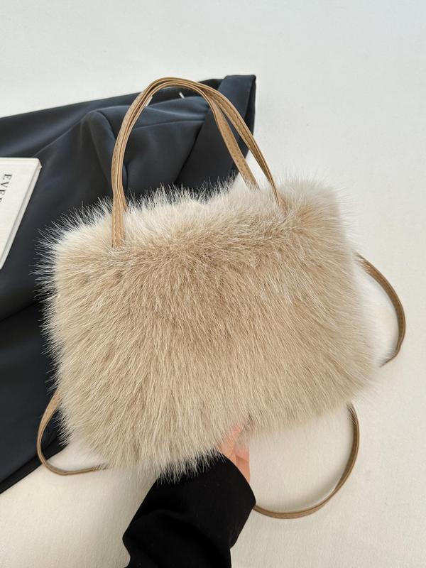 Solid Fluffy Handbag, Fashionable Faux Fur Crossbody Bag for Women, Casual Trendy Versatile High-quality Daily Commuting Bag