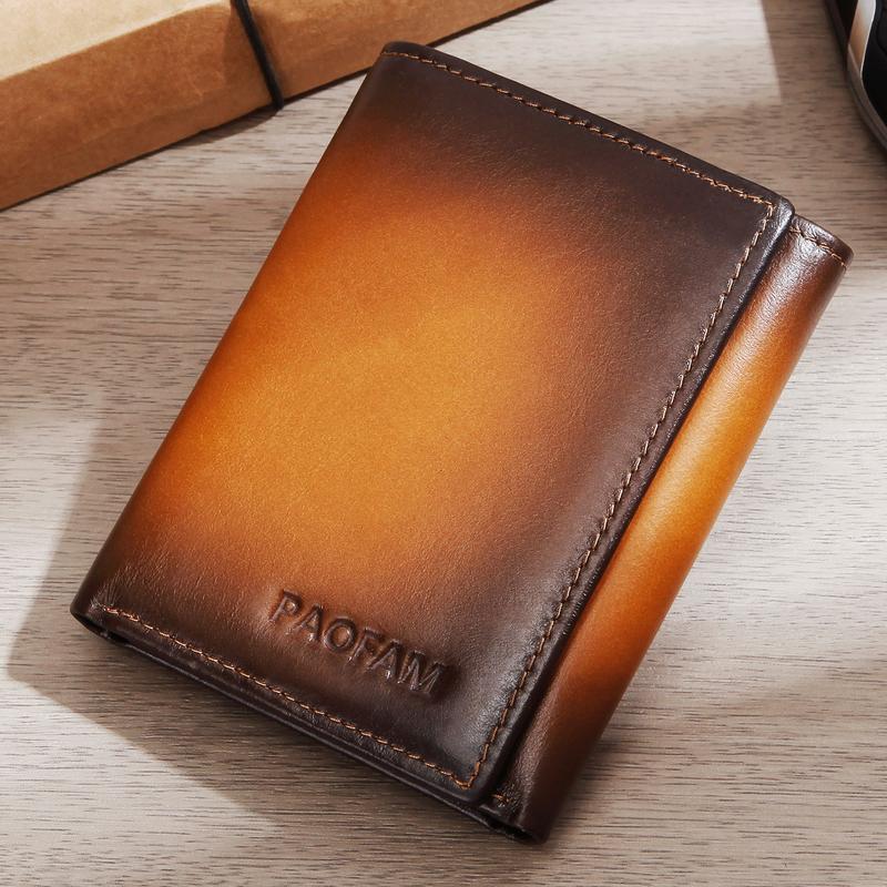 Fashion Men's Trifold Wallet, Genuine Leather RFID Blocking Slim model, 8 card slots, 3 ID windows, 2 bill compartments, large capacity!