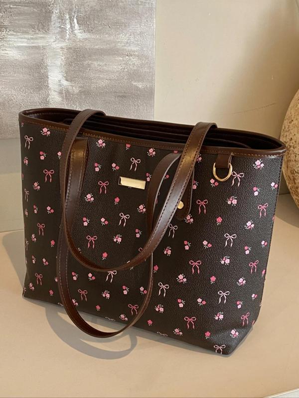 Women's Elegant Ditsy Floral Bow Pattern Tote Bag, Large Capacity Shoulder Bag for Daily Used, Casual Trendy Versatile High-quality Daily Commuting Bag