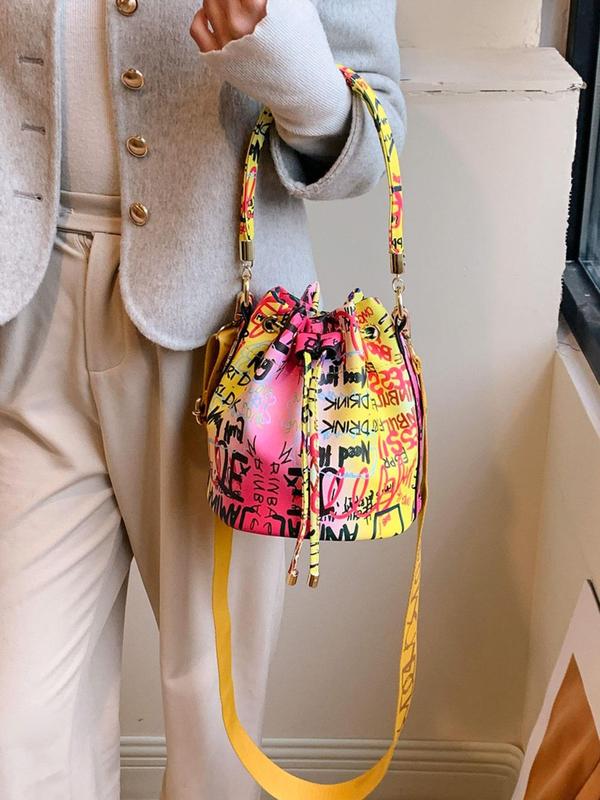 Fashionable Colorblock Graffiti Drawstring Design Handbag, Casual Letter Print Crossbody Bag with Wide Strap for Women, Work Bags for Women