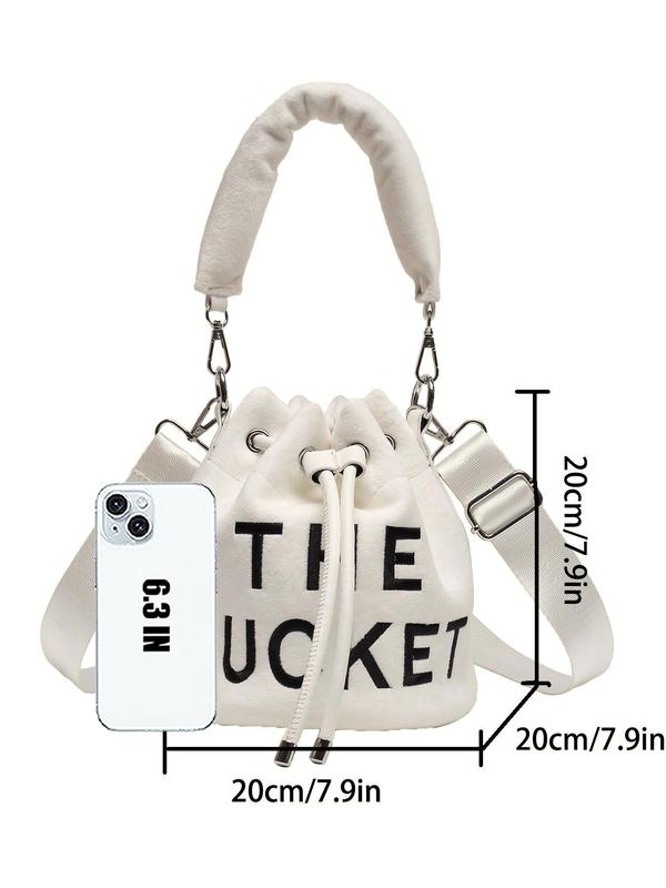 Fashionable Letter Embroidering Design Drawstring Bucket Bag, Casual Versatile Crossbody Bag with Adjustable Strap, Trendy All-match Designer Bag for Women