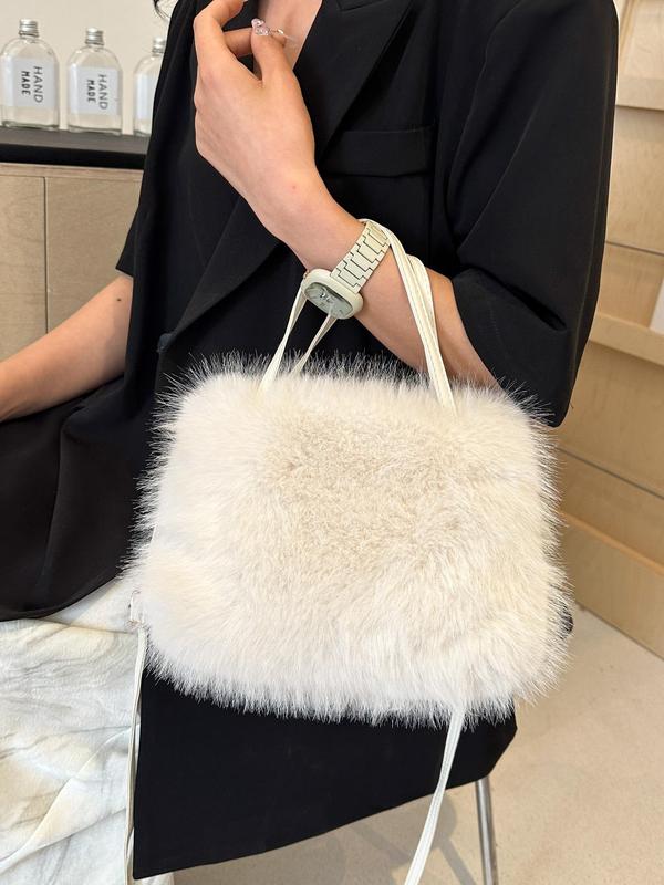 Solid Fluffy Handbag, Fashionable Faux Fur Crossbody Bag for Women, Casual Trendy Versatile High-quality Daily Commuting Bag