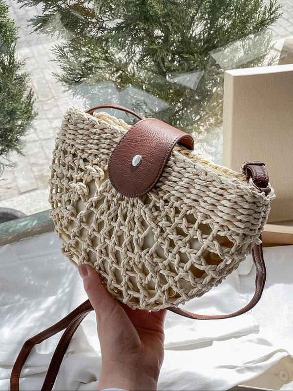 Boho Semicircular Shape Hollow out Straw Bag, Trendy Elegant Crossbody Bag, Chic Summer 2024 Crossbody Bag for Summer Beach Outfits, Back To School Bags For Women, Fall Outfits, Fall Freshness