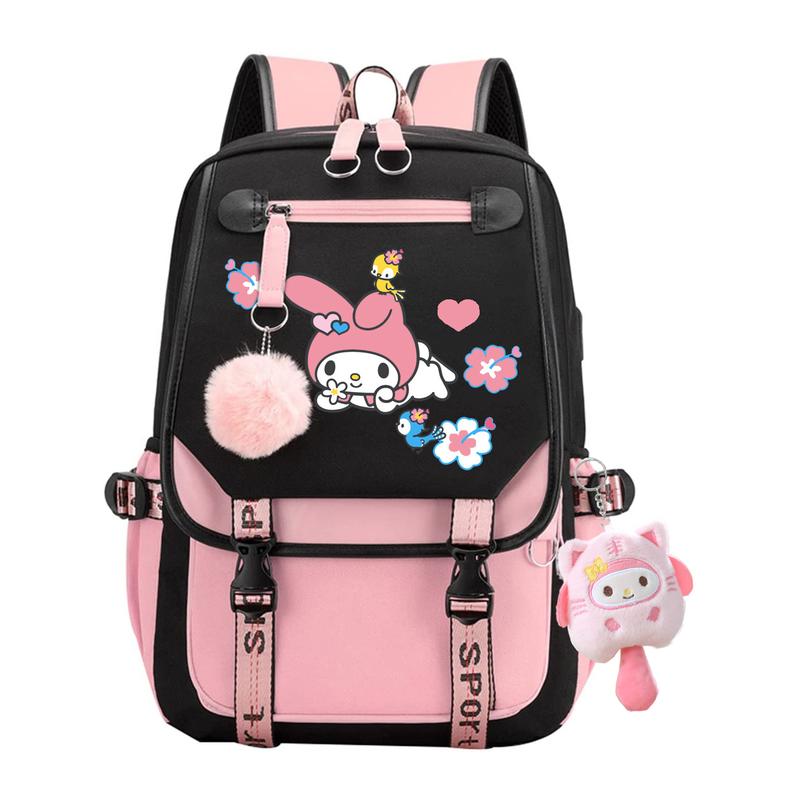 Cute Sanrio School Mymelody Backpack, 17.7inch Cartoon Laptop Bag, Large Casual Travel Daypacks Bookback with Accessories for Boys Girls