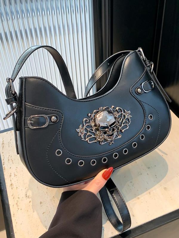 Women's Punk Style Skull Head Decor Grommet Eyelet Design Hobo Bag, Street Trendy Shoulder Bag, Y2k Style Crossbody Bag for Daily Use