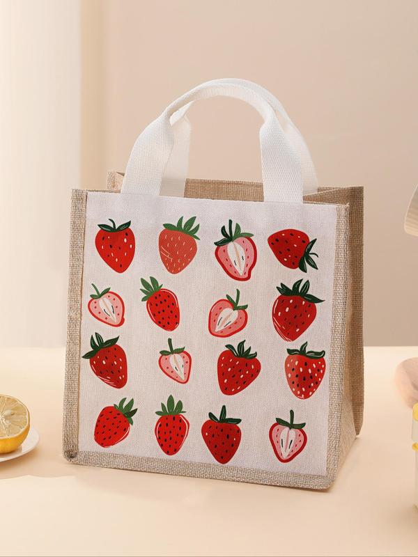 Strawberry Pattern Lunch Bag, Portable Insulated Lunch Bag, Large Capacity Lunch Box Bag for Women & Men, Dinner Bag for Camping Student Picnic Food and Drink