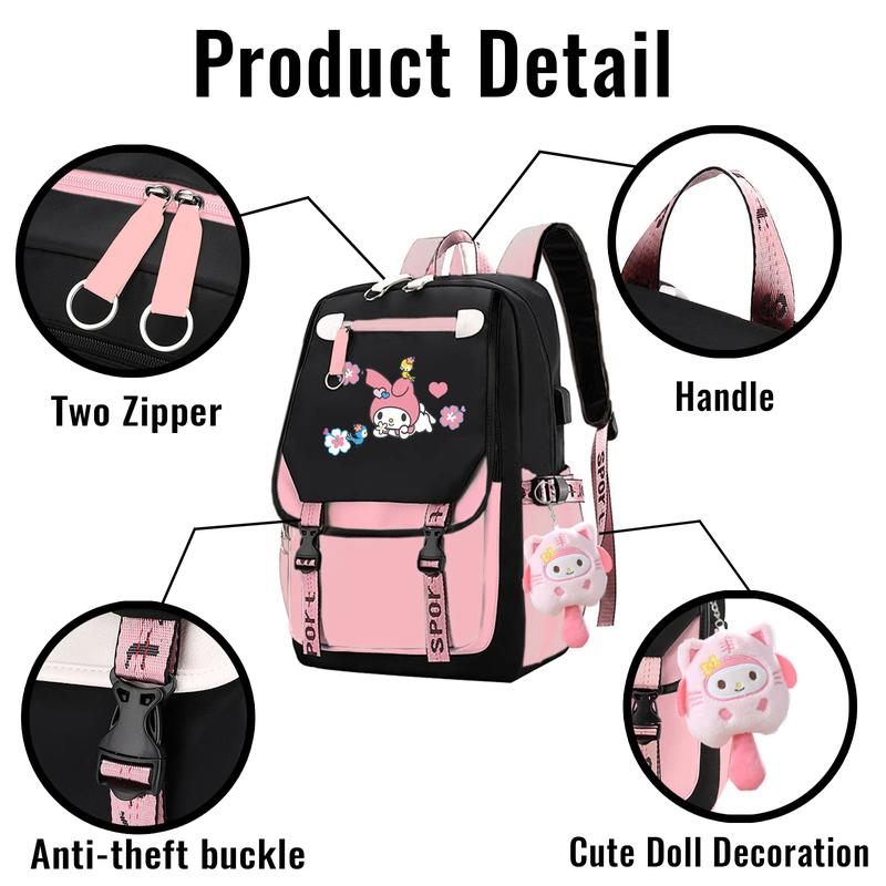 Cute Sanrio School Mymelody Backpack, 17.7inch Cartoon Laptop Bag, Large Casual Travel Daypacks Bookback with Accessories for Boys Girls