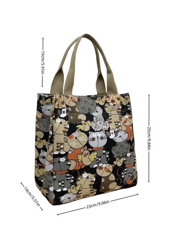 Cartoon Cat Pattern Lunch Bag, Canvas Handbag, Portable Insulated Lunch Bag, Lunch Box Bag for Work, School, Travel, Picnic