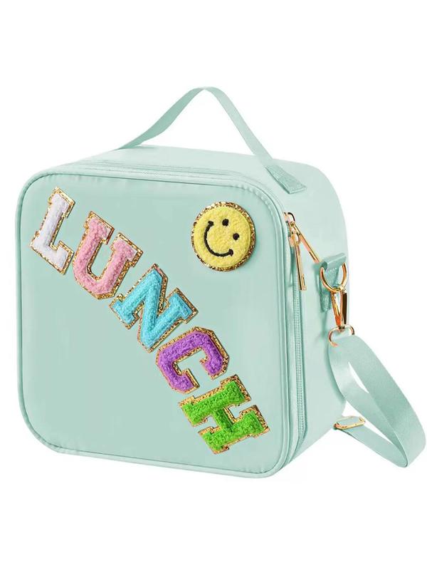 Letters & Cartoon Smile Face Embroidery Lunch Bag, Large Capacity Lunch Bag, Portable Insulated Waterproof Lunch Bag for Kids & Adults