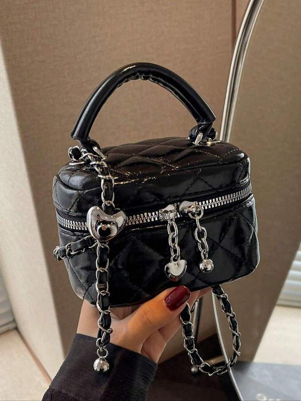 Women's Fashionable Solid Color Quilted Crossbody Bag, Elegant Mini Handbag with Heart Decor, Casual Trendy Versatile High-quality Daily Commuting Bag