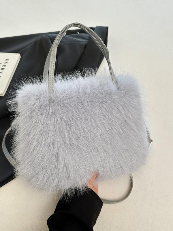 Solid Fluffy Handbag, Fashionable Faux Fur Crossbody Bag for Women, Casual Trendy Versatile High-quality Daily Commuting Bag