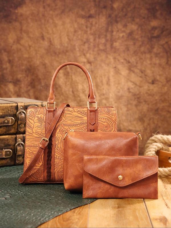 Women's Vintage Style PU Leather Bag Set, Girlfriend Gifts, Casual Plain Color Shoulder Tote Bag & Zipper Square Bag & Coin Purse, Versatile Trendy Work Bag Set for Daily Use