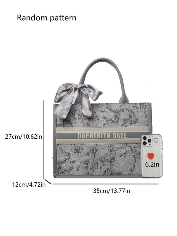 Women's Elegant Colorblock Letter Pattern Tote Bag with Twilly Scarf, Fashionable Large Capacity Shoulder Bag, Casual Trendy Versatile Daily Commuting Bag Designer