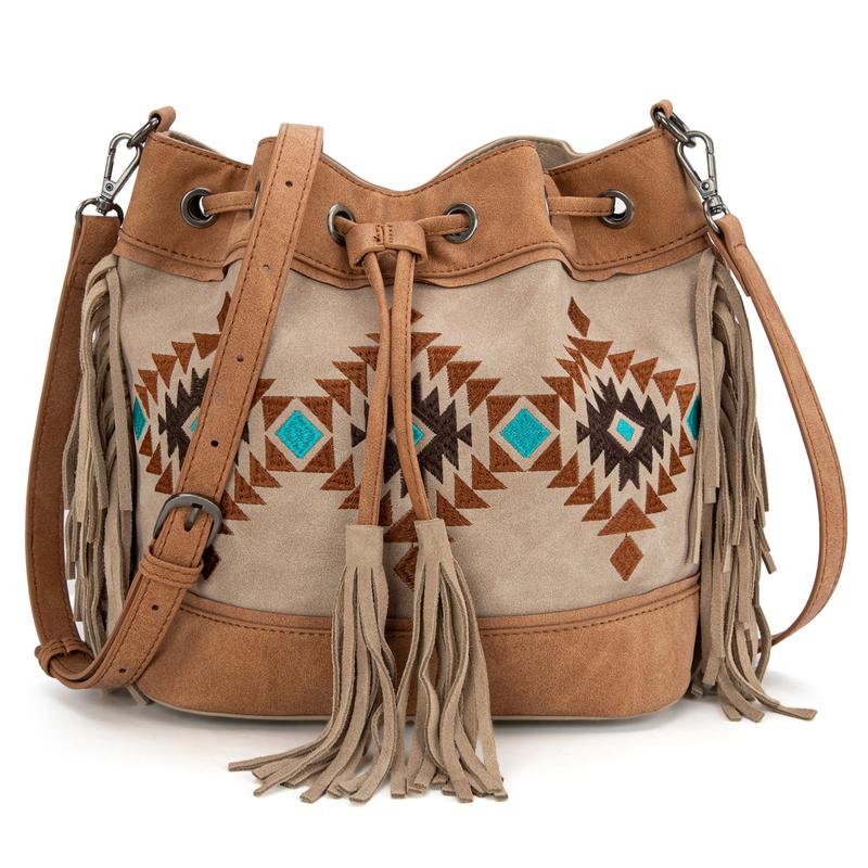 Montana West [MegaLive] Embroidered Fringe Bucket Bag