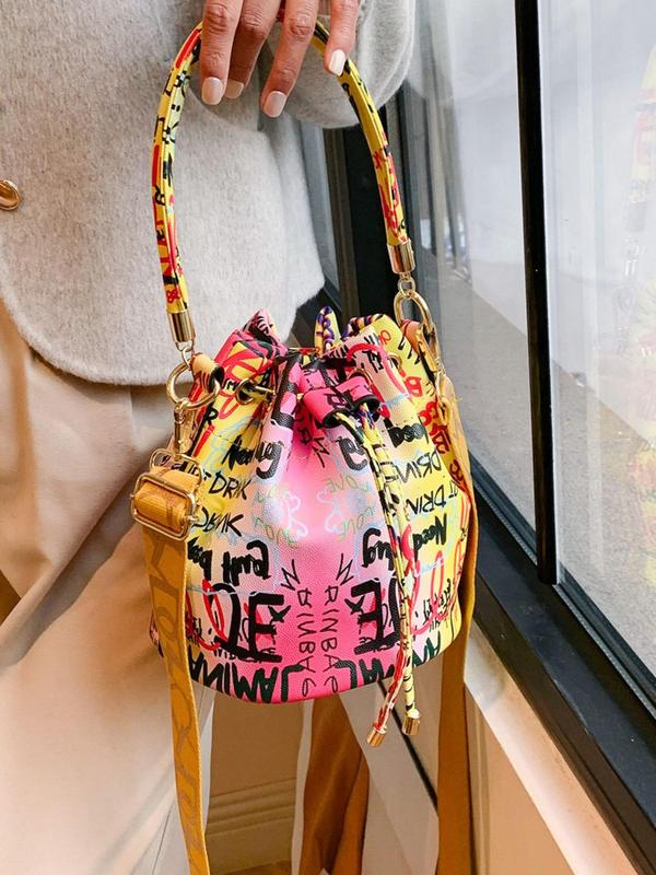 Fashionable Colorblock Graffiti Drawstring Design Handbag, Casual Letter Print Crossbody Bag with Wide Strap for Women, Work Bags for Women