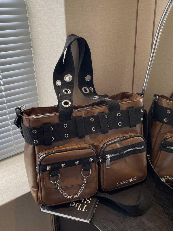 Punk Style Studded & Chain Decor Tote Bag, Work Bag, Tote Bag for Women, Fashionable Work Bag, Large Capacity Shoulder Bag, Stylish Adjustable Strap Crossbody Bag for Women for Daily Used