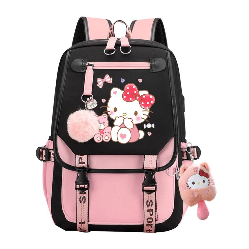 Cute Sanrio School Hello Kitty Backpack, 17.7inch Cartoon Laptop Bag, Large Casual Travel Daypacks Bookback with Accessories for Boys Girls